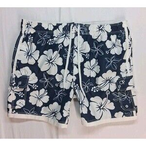 Ocean Pacific XL Mens Blue Hawaiian Cargo Swim Shorts Resortwear Beach Tropical